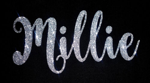 CUSTOM PERSONALISED NAME TEXT GLITTER IRON ON HOTFIX T-SHIRT TRANSFER (FONT #6) - Picture 1 of 2