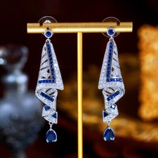 Silver Plated Cubic Zirconia Blue Long Symmetrical Dangle Drop Earrings for Lady