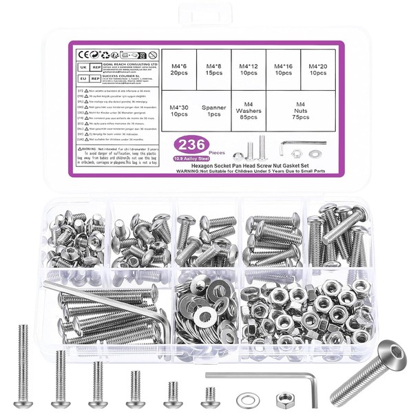 M4 Schrauben Set 236-Teilig Mit Muttern Und Unterlegscheiben, Silber-image