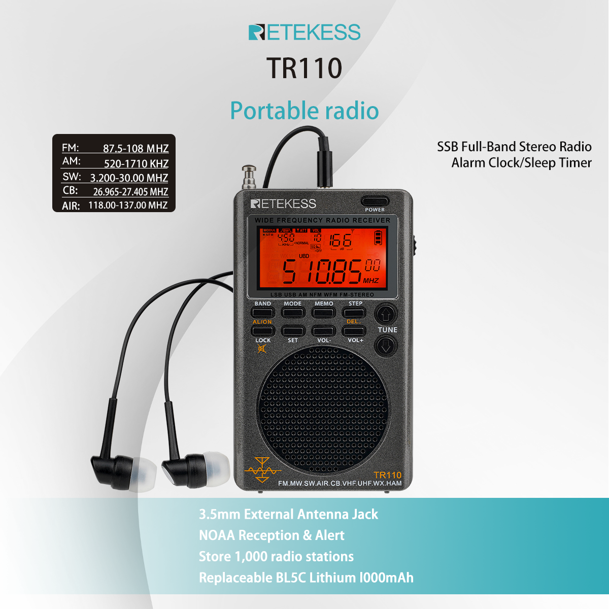 Retekess TR110 Full Band Portable FM/MW/SW/AIR/CB/VHF(UHF)/UBD/WX