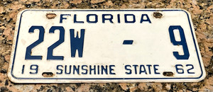 1962 Florida license plate SINGLE DIGIT LOW NUMBER 22w-9 Putnam Palatka Welaka +
