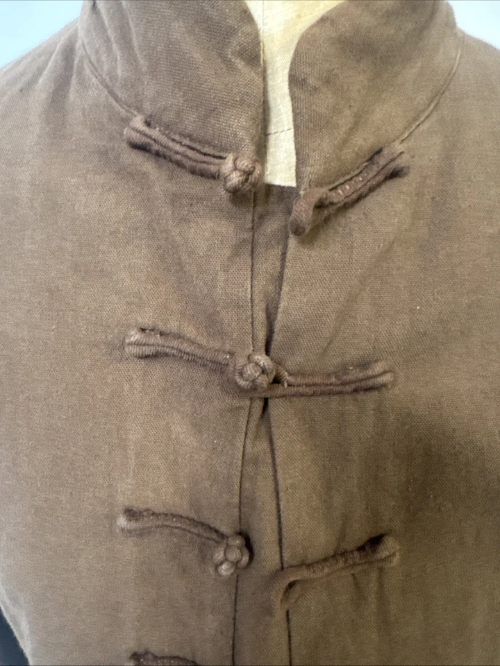 Men’s Vintage Brown Linen Frogged Button mandarin Jacket / Coat - large - Image 2 of 4