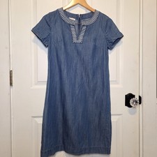 Talbots Chambray Dress Petite 2 Blue Shift Embroidered Collar Preppy Coastal