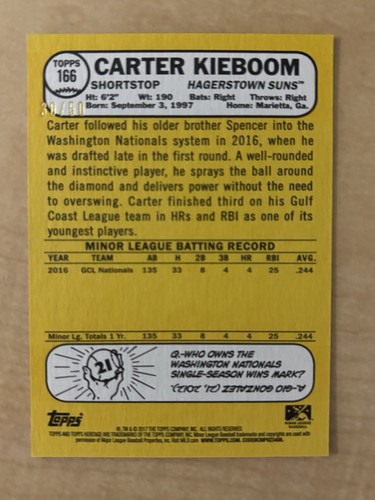 2017 Topps Heritage Minors Carter Kieboom Pre Rookie Green #'d /50 - Picture 2 of 2