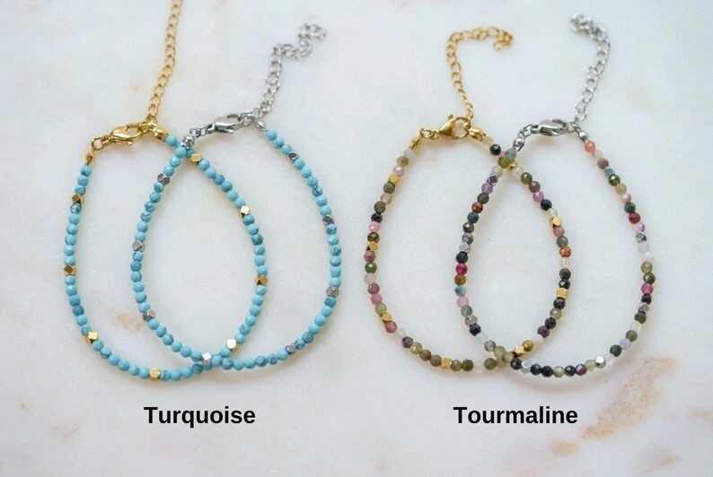 Blau Türkis facettierte runde Edelstein Perlen vergoldet handgefertigtes Armb... - Bild 4 von 4