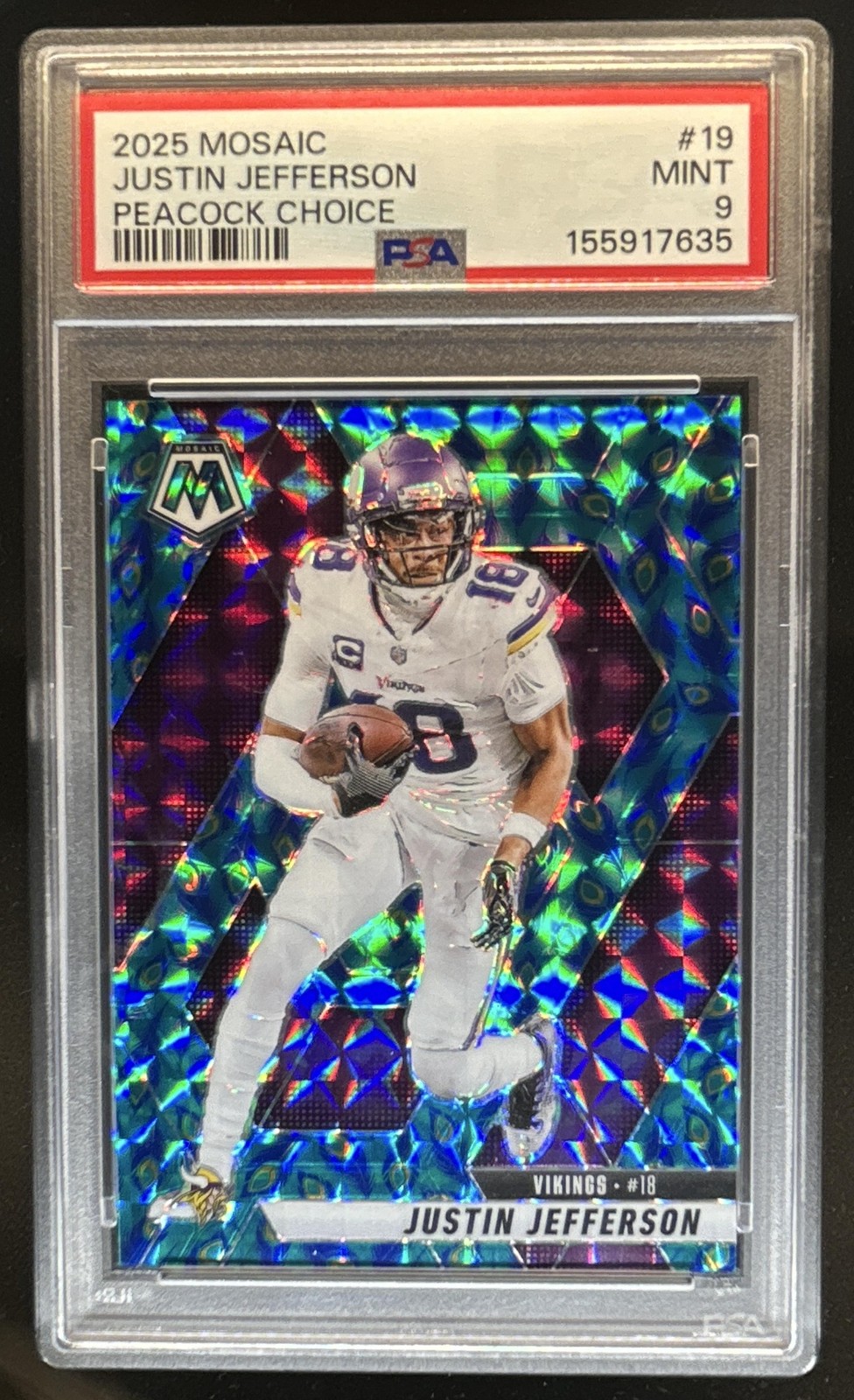 2025 Panini Mosaic Justin Jefferson Choice Peacock Prizm #19 Vikings PSA 9