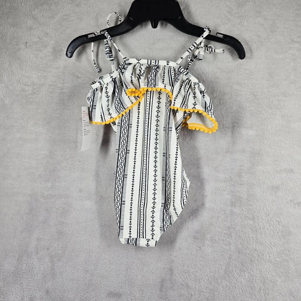 Antiguo Traje de Baño Azul Marino Niñas Blanco con Volantes Pom Pom Una Pieza Hombro Descubierto Talla S Nuevo con Etiquetas Foto 2 de 4