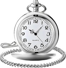 Smooth Vintage Pocket Watch with Chain, Arabic Numerals Scale Mens