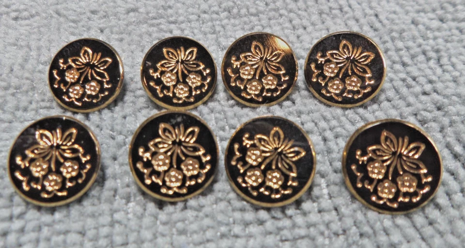 8 Vintage Black Glass FLOWER Buttons GOLD LUSTER - Image 2 of 3