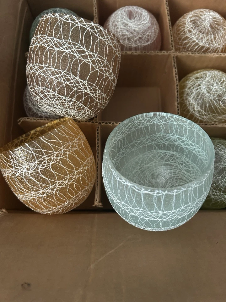 MCM Vintage Color Craft Spaghetti String Roly Poly Glasses 24 Set New In Box USA - Image 3 of 4