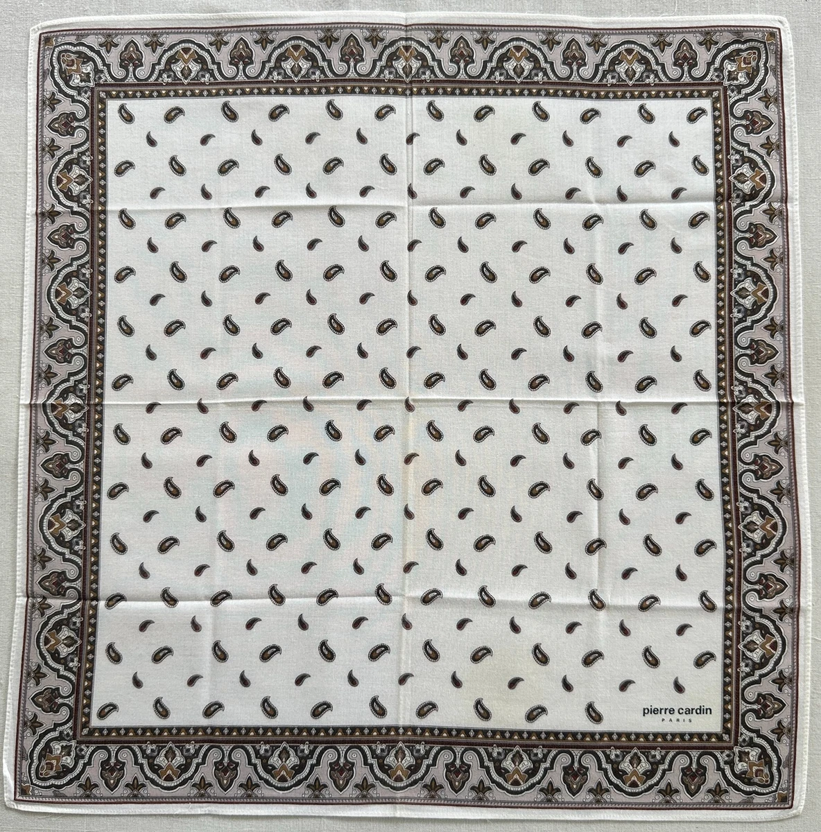 Vintag White Cotton Handkerchief Black Paisley~Damask Border Pocket Square 17"~Q