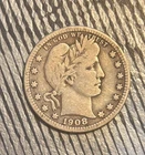 1908 P Barber Quarter - U.S. 25 cents silver coin