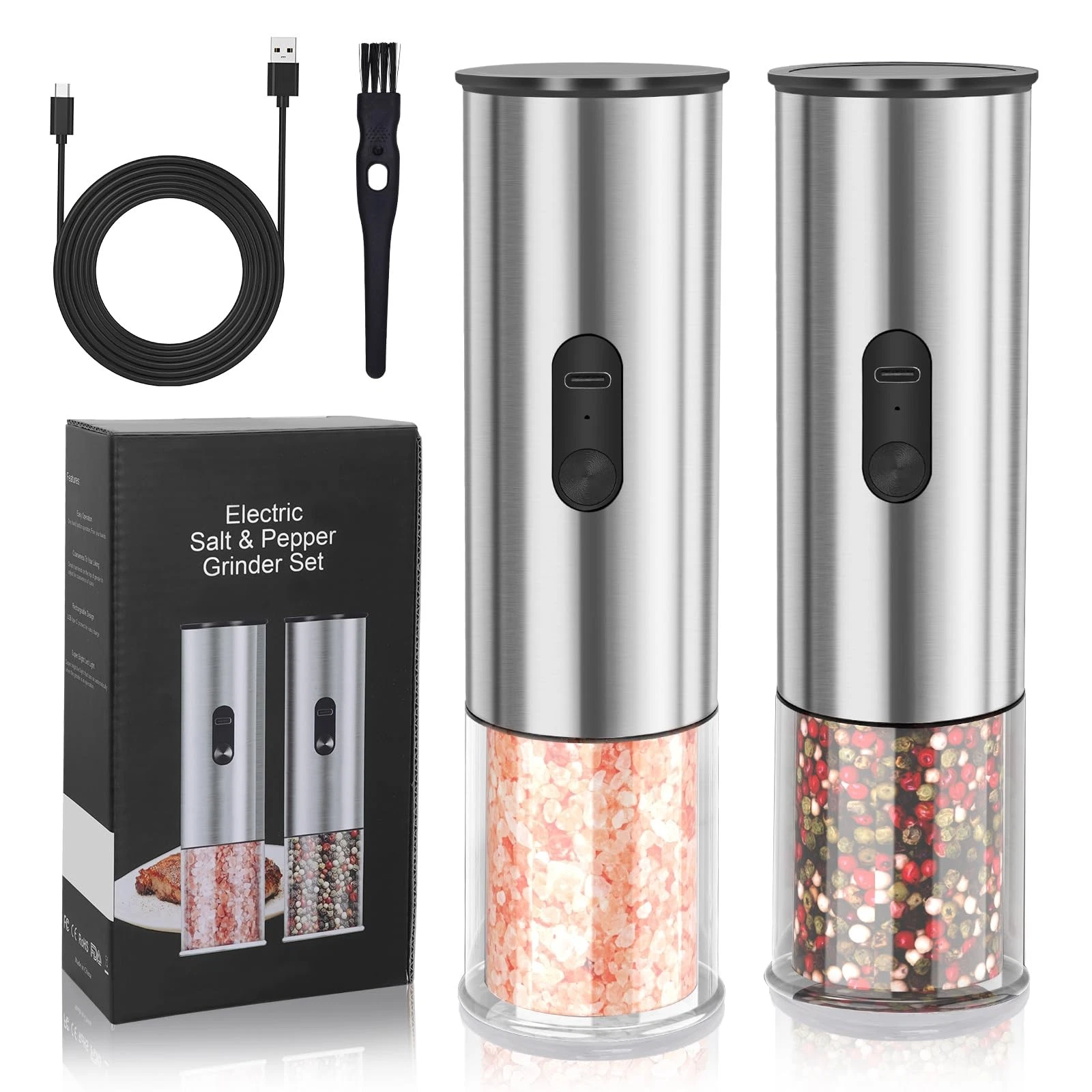 Salt and Pepper Grinder Set, Electric Salt Pepper Shakers with Adjustable Coa...