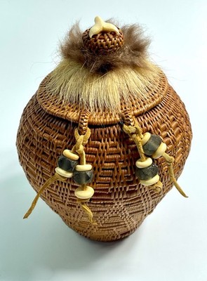 Inuit Eskimo Fine Woven Covered Vase Basket Embellished w/Carvings Beads Alaska