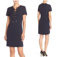 Eliza J Navy Lace Up Front Gold Detail Short Sleeved Chic Office Sheath Dress 4P