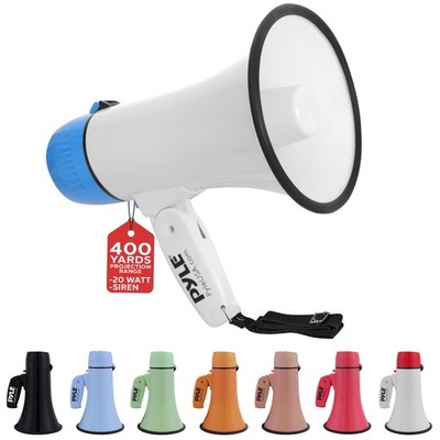 Pyle 20W Megaphone Bullhorn -Portable, Auto Siren & Adjustable Volume-White-Blue