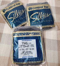 3 Vtg Silkies Control Top Pantyhose Size X-Tall Off-Black Support Legs USA Made