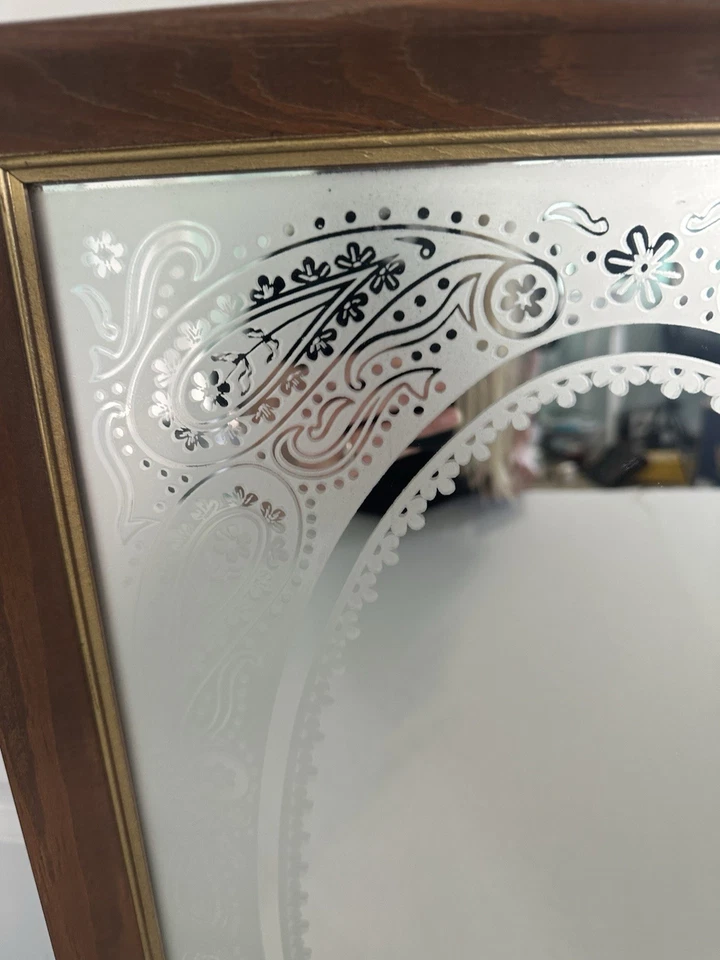 MCM Mirror 1980s Frosted Hang Glass Mirror Floral 23”x15” Frame - Image 2 of 4