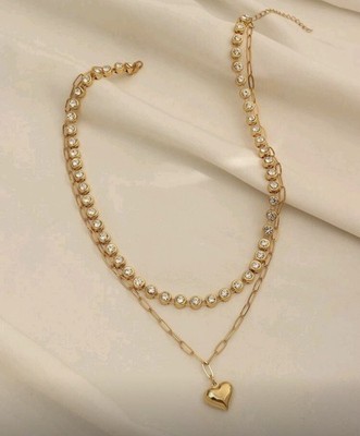 Goldene Halsketten Set mit Herz-Anhänger und Zirkonia Neu Schmuckset