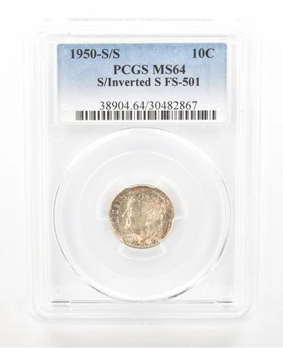 1950-S/S Roosevelt Dime S/Inverted S FS-501 MS64 PCGS Beautiful Tone *2335