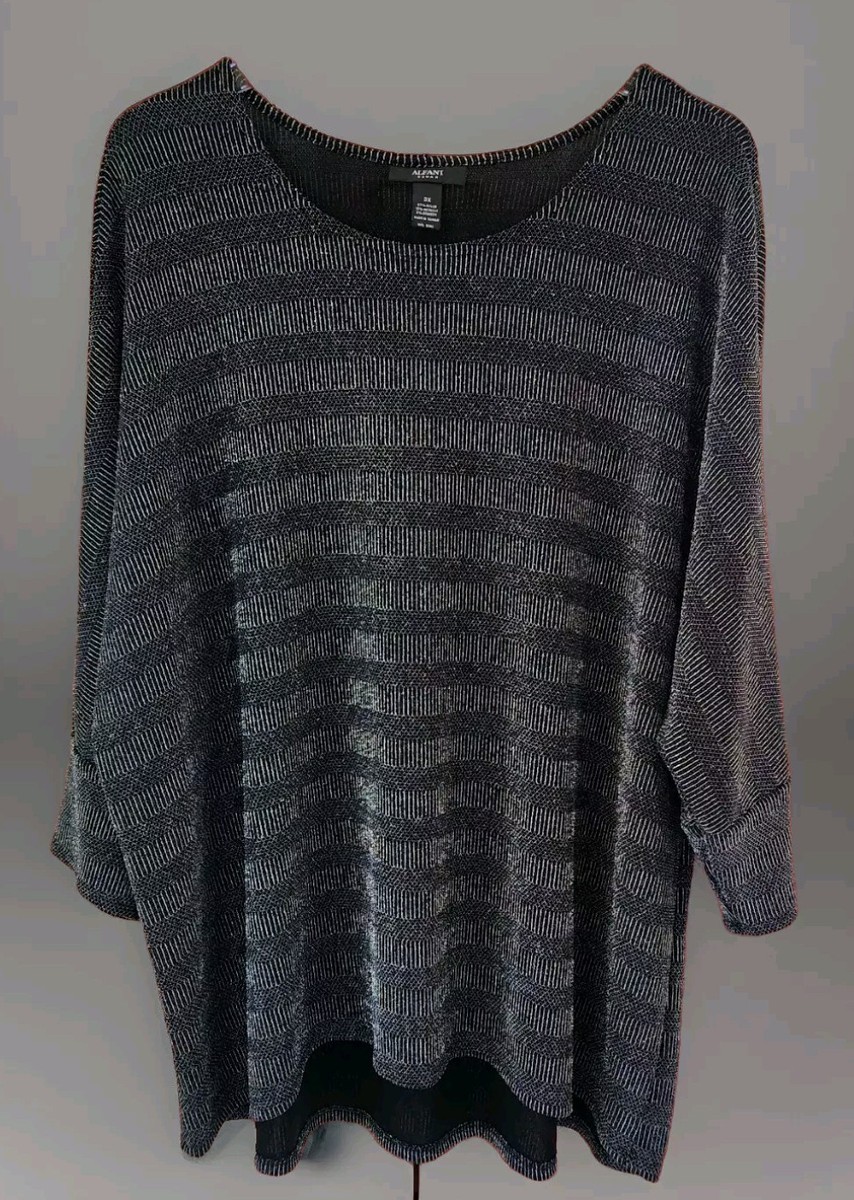 Alfani Woman Macys Blouse Plus Size 3X Black Silver 3/4 Raglan Sleeve  Stretch
