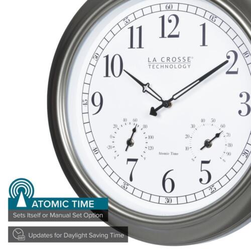 La Crosse Technology Atomic Analog Clock 18" Pewter W/ Thermometer HygrometeR - Picture 2 of 7