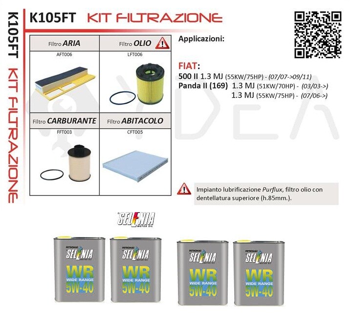 Kit vidange Fiat 500 1.3 Multijet 55kw filtre et huile Selenia 5W40