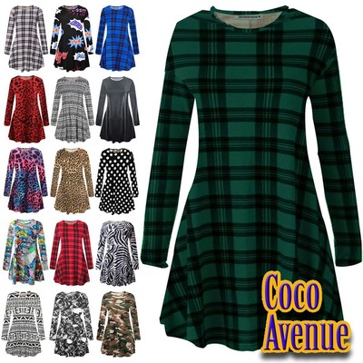 Ladies Long Sleeve Swing Dress Tartan Leopard Print Flared A Line Party Mini Top