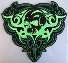 GREEN TRIBAL SKULL EMROIDERED IRON ON 9 10 INCH BIKER PATCH