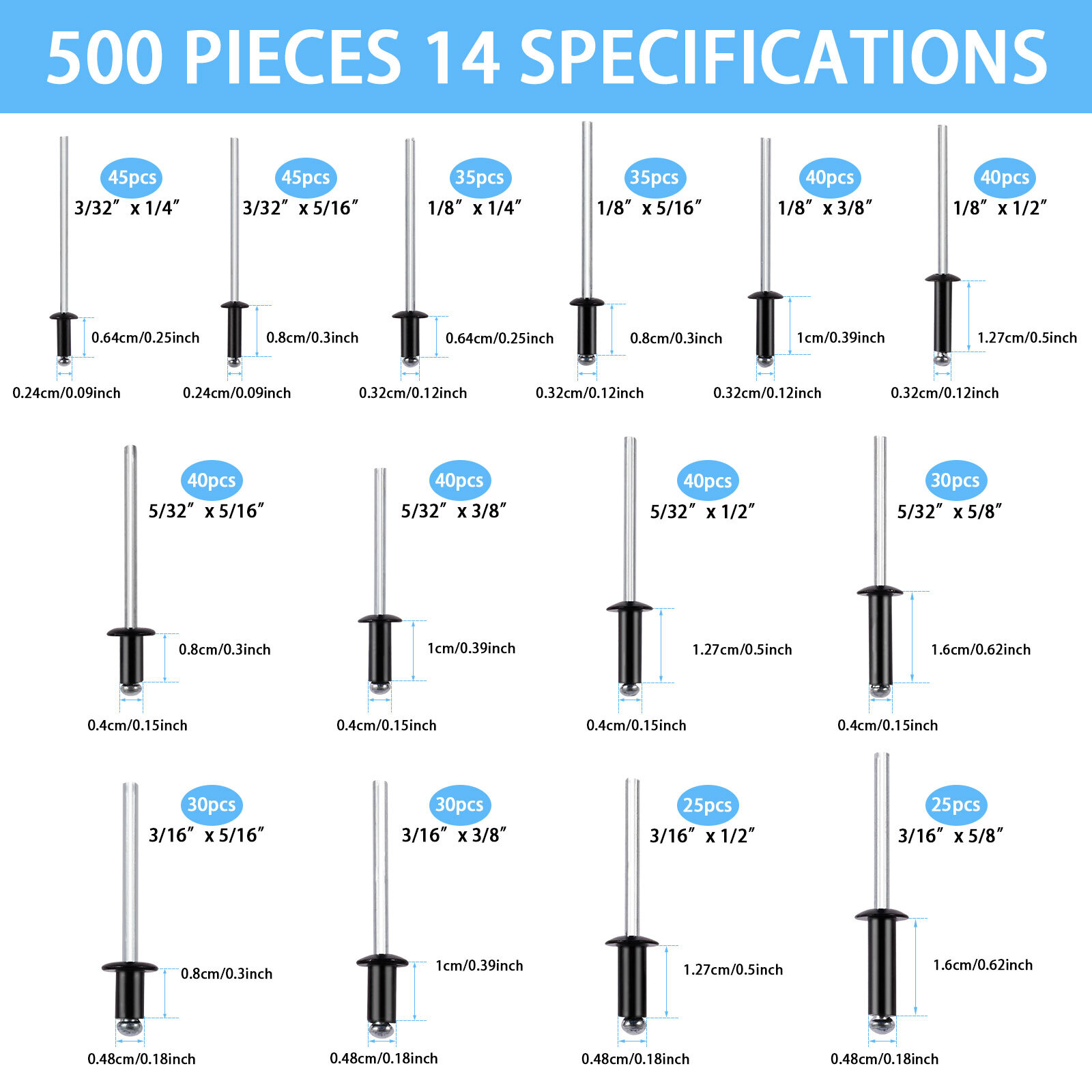 Pop Rivet Small Rivets 220PCS Large Flange Aluminum Blind Rivets?Black ...