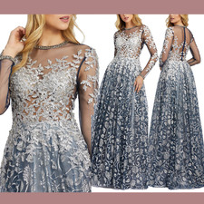 NWD $798 Mac Duggal [ 12 ] Illusion High Neck Applique Gown Silver Blue G1950