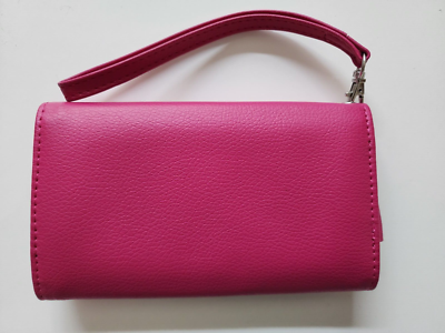 Dark pink faux leather bifold wallet, cell phone holder, wristlet