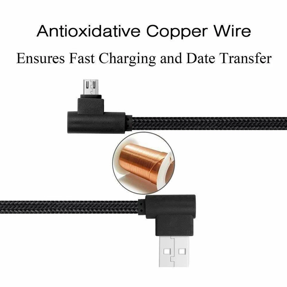 2 PACK 10FT Micro USB Cable 90 Degree RIght Angle Fast Charge Extra Long Charger - Image 3 of 4