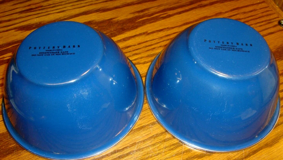Set 2 POTTERY BARN Metal Enamel Bowls 6" Cereal Soup~Navy Blue/Silver Rim    Box - Image 3 of 4