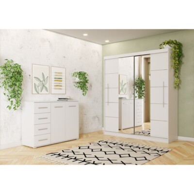 2er-Set Schwebetürenschrank TORINO III Kommode FRIDA 01 Weiß/Weiß + Zierleisten