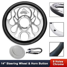 14 Billet Flamed Steering Wheel W Half Wrap Black Leather Chrome Horn Button 14 Billet Flamed Steering Wheel W Half Wrap Black Leather Chrome Horn Button