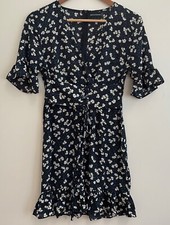 Prettylittlething black blue spotty Dress Size 10 Polyester frill detail womens