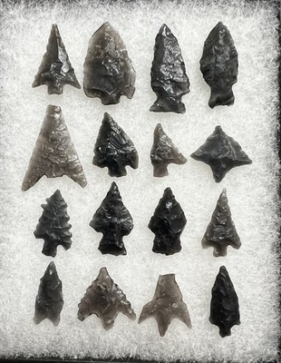 Set Of 16 Obsidian Indian Arrowhead Bird Points Collection from Oregon Artifacts