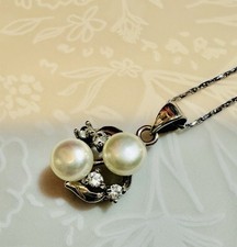Sterling Silver 925 Double Pearl CZ Accent Pe...