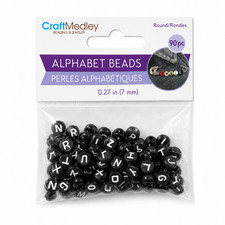 CraftMedley Black Round Alphabet Beads with White Letters 90 PC, 7 mm