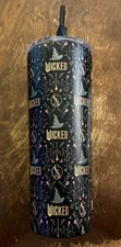 WICKED Beverage TUMBLER with Witch Hat Witch Broom & Flowers Graphic Pattern NEW