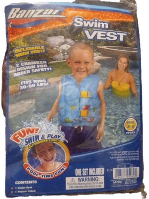 Banzai Inflatable Swim Vest Kids 30 to 50lbs Age 3 to 5yrs  Safety