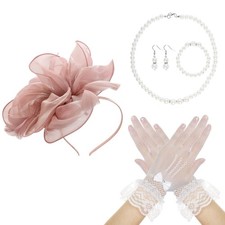 Tea Party Hat Fascinators Headband and Gloves Pearl Set for Women Tea Pink