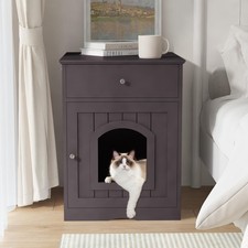 Wooden Pet House Cat Litter Box Enclosure with Drawer, Side Table, Indoor Pet