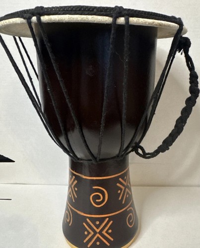 Djembe Hand Drum, Handmade Wooden Drum-Black/ Brown Design 9.5 Inch Tall.