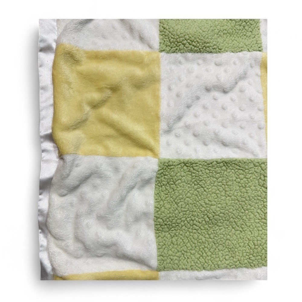 Cocalo Green Yellow White Satin Plush Block Square Patchwork Minky  Baby Blanket