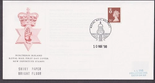 1998 N IRELAND 26P DEFINITIVE BRIGHT FLUOR SHINY PAPER, RM COVER - BELFAST H/S