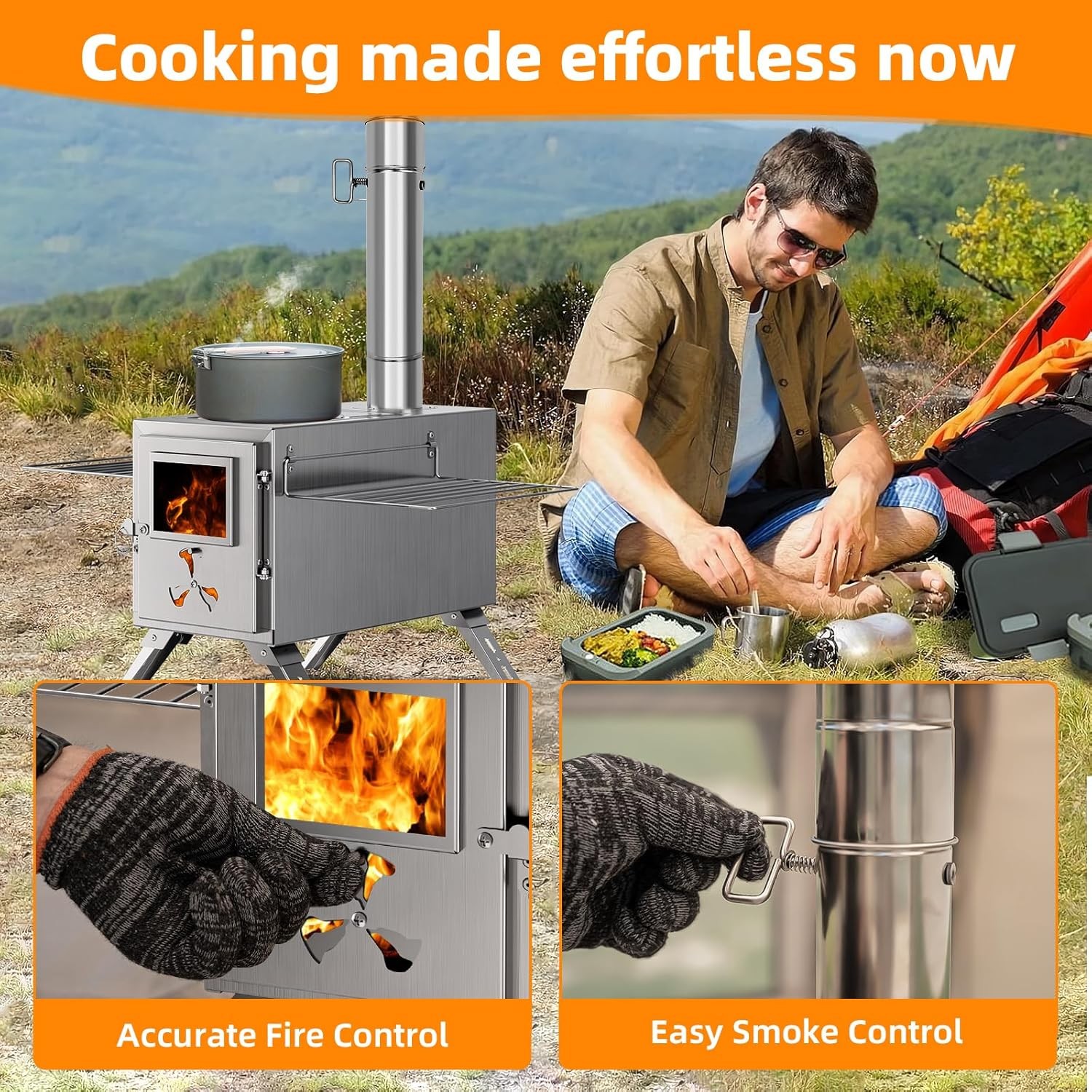 NAIZEA Folding Hot Tent Stove with 7 Section Chimney Pipes for HikingBackpacking