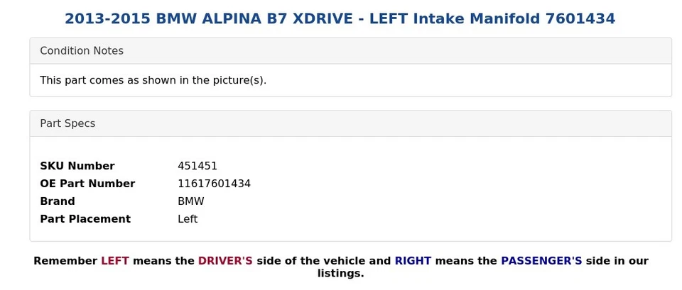 BMW ALPINA B7 XDRIVE 2013-2015 - colector de admisión izquierdo 7601434 Foto 4 de 4