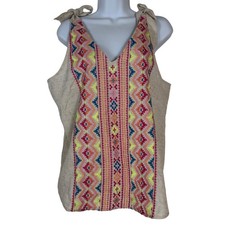 Savanna Jane Embroidered Tribal Tank Top Medium Shirt Cotton Linen Blend Boho
